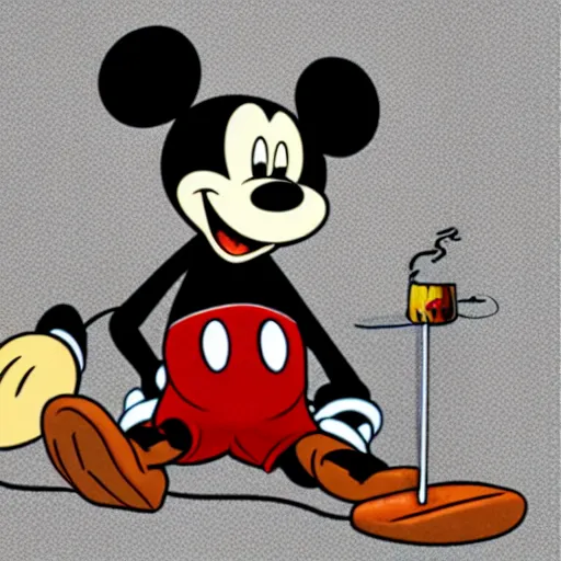 Image similar to mickey mouse with stoned eyes smoking a bong while sitting on a couch, messed apartment, amazing digital art, highly detailed