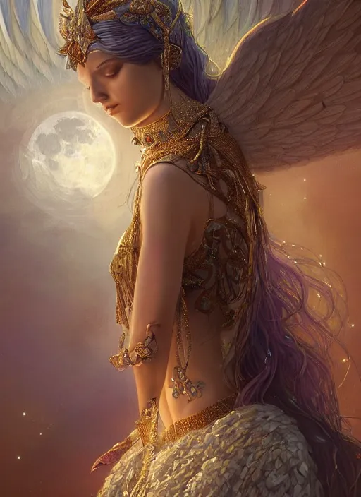 Image similar to A beautiful digital painting of a female Seraphim full of jewels, princess, the moon behind her, intricate, cinematic lighting, highly detailed, digital painting, Artstation, concept art, smooth, sharp focus, illustration, art by Tom Bagshaw, Artgerm and Greg Rutkowski