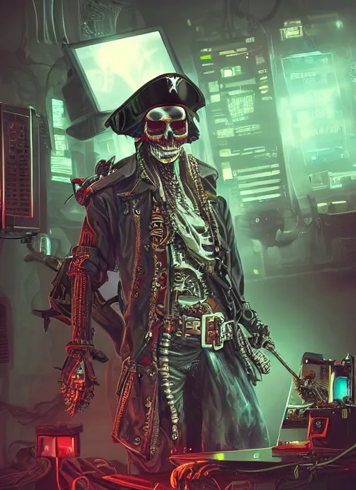 Image similar to a cyberpunk hacker pirate captain skeleton with a pirate hat sitting in front of a crt monitor programming in a dark room, light coming from crt monitor, highly detailed, intricate, digital art, trending on artstation, trending on cgsociety