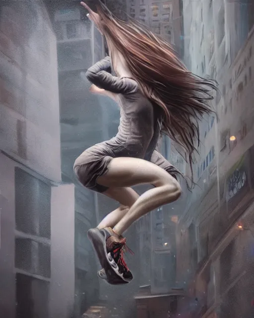 Prompt: a radically realistic fine art painting of a early twenties female parkouring between buildings with flowing hair, inspired by David Stoupakis, studio portrait, muted colors, detailed hair, cinematic lighting, trending on artstation, 4K