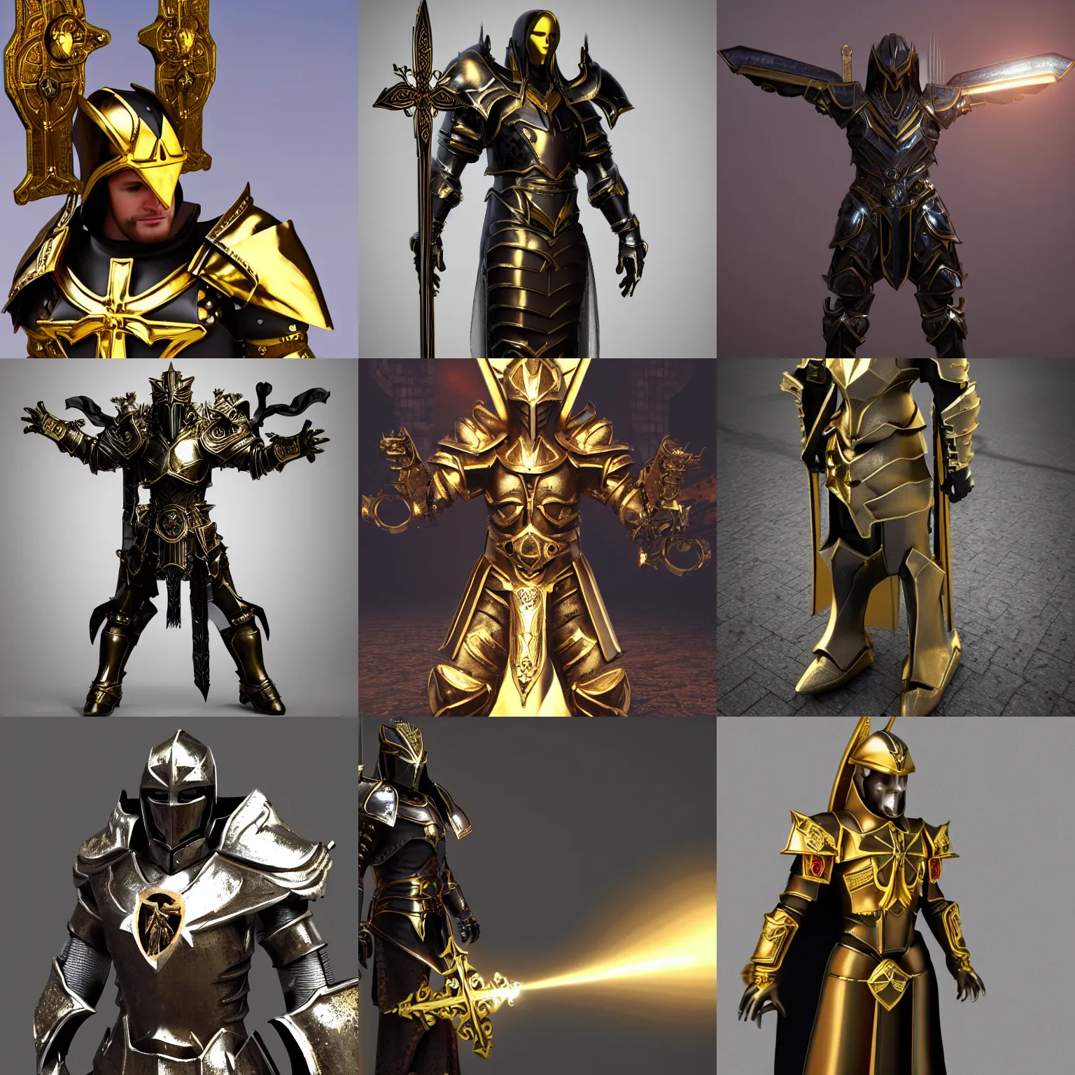 Prompt: Dark Paladin with Shiny Armor and armor has gold crucifix on it, hyper photorealistic, 3D Rendering, Unreal Engine, full height