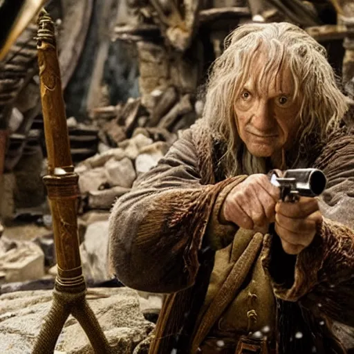 Image similar to scene from the Hobbit Desolation of Smaug, Bilbo has a mauser pistol