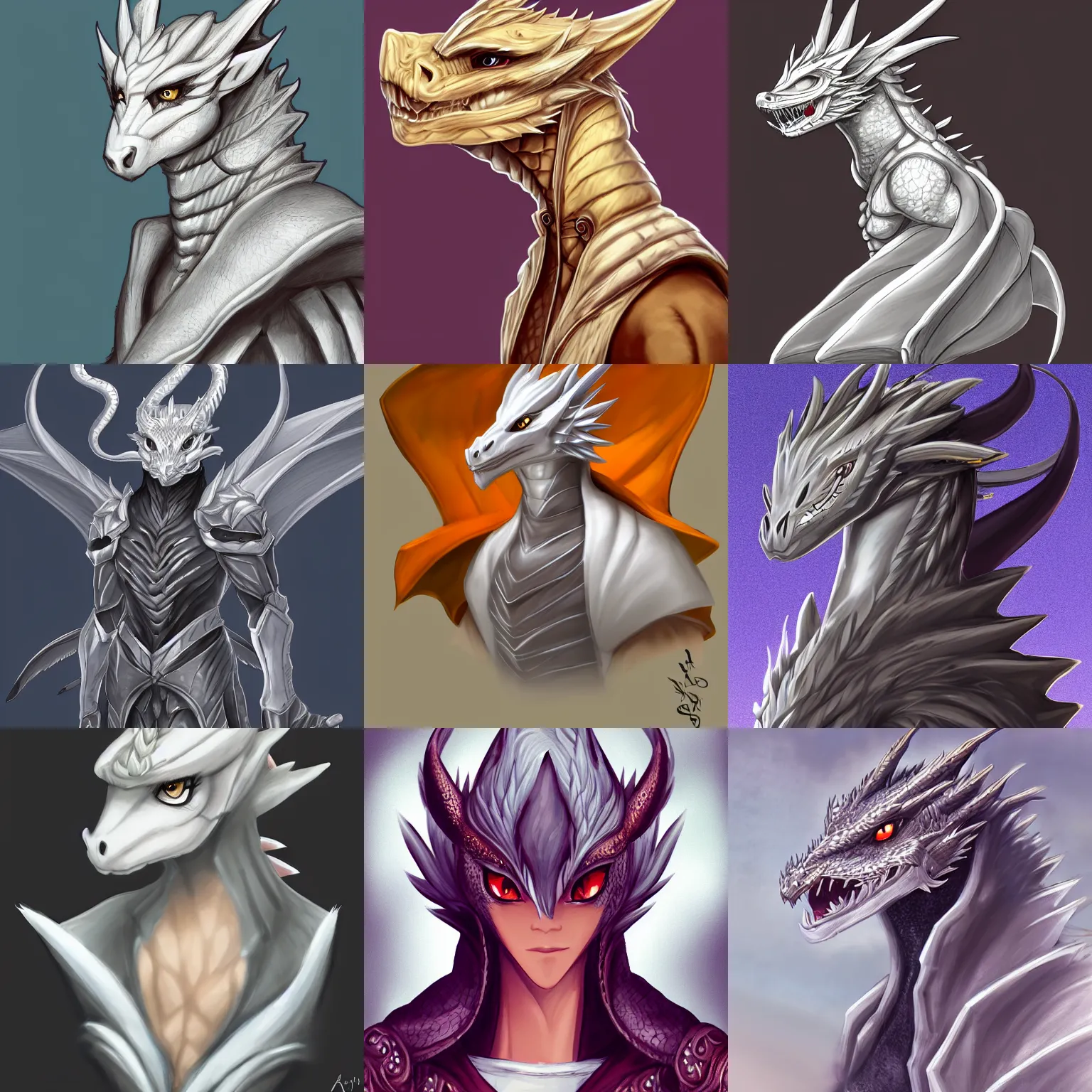 Prompt: very very beautiful half body side angle portrait of a handsome anthropomorphic silver dragon, soft delicate draconic features, cute eyes, wearing a luxurious silk cloak, commission on furaffinity, artstation, high quality digital art, warm colors