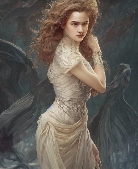 Image similar to portrait of julia garner, half body, d & d, fantasy, intricate, elegant, highly detailed, digital painting, artstation, concept art, art by artgerm and greg rutkowski and alphonse mucha, boris vallejo