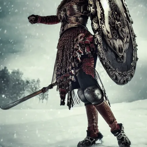 Prompt: scandinavian valkyrie with strong beautiful face in armour insanely ornamented with north decorations, incredible detailed, octane render, dark mysterious atmosphere with ice and fire on the background, annie leibovitz photoshoot style for vogue.