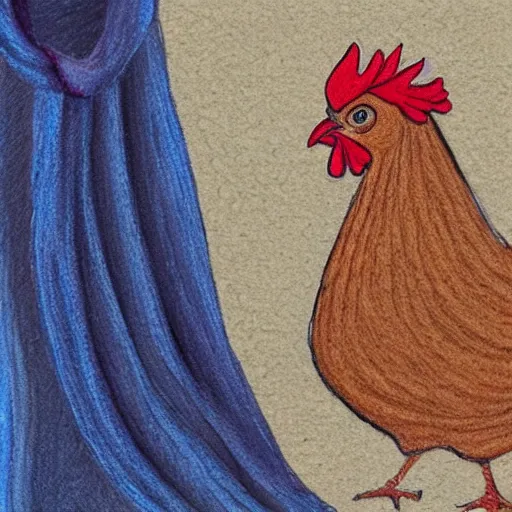 Image similar to A chicken knitting a scarf, color drawing