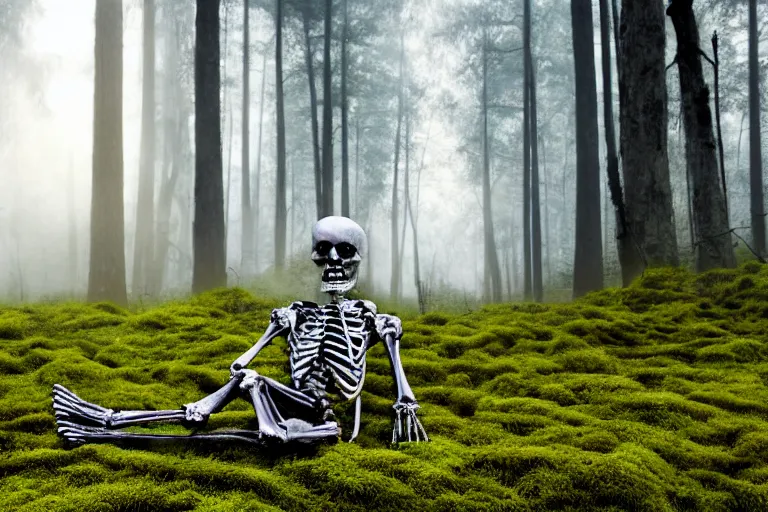 Image similar to a burning with fire human skeleton sitting behind computer, overgrown with moss, in foggy forest, at night with moon light, dark atmosphere, dark fantasy, highly detailed