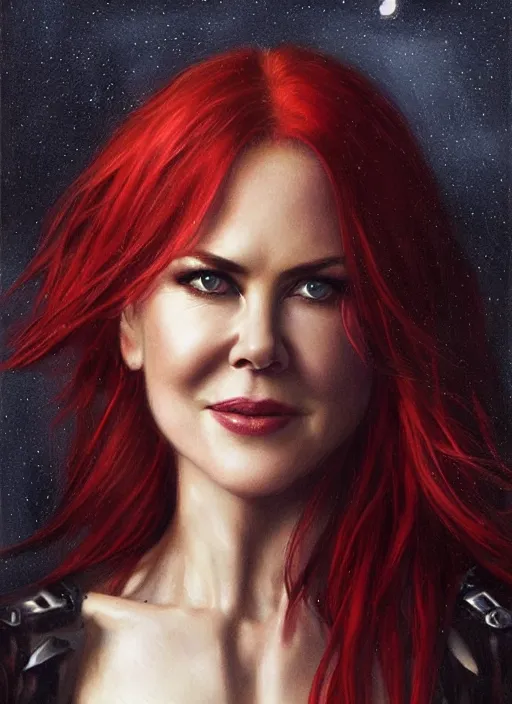 Image similar to nicole kidman with red hair, long haircut, beautiful highly detailed face, complementary lighting, backlit, black eyeshadow, grinning, adventure, dramatic lighting, landscape background, beautiful painting by artgerm and greg rutkowski and raymond swanland