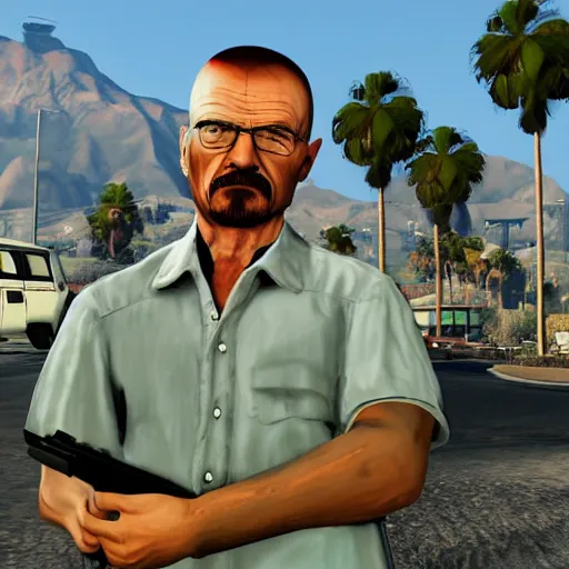 Prompt: Walter White in GTA V. Los Santos in the background, palm trees. In the art style of Stephen Bliss