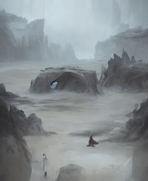 Image similar to surreal epic, masterpiece, romantic soct white exploration base, ancient ochre palette, impossible architecture by ruan jia, mecha floor, futuristic, blame, white architecture in the beach in iceland, foggy, highly detailed, digital painting, arstation, concept art, hyperealistic octane render, unreal engine