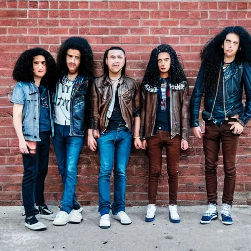 Image similar to Group of ethnically diverse 19-year-old boys and girls with long permed wavy brown hair and afros leather jacket and denim jeans, holding electric guitars, 2022, stoner rock, heavy rock, HD photography