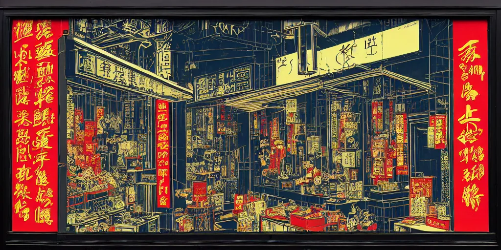 Image similar to a shop window in hong kong, by dan mumford and peter doig and edward hopper, minimal, black ink, thick lines, highly detailed, muted colours, overlaid with chinese adverts, 8 k