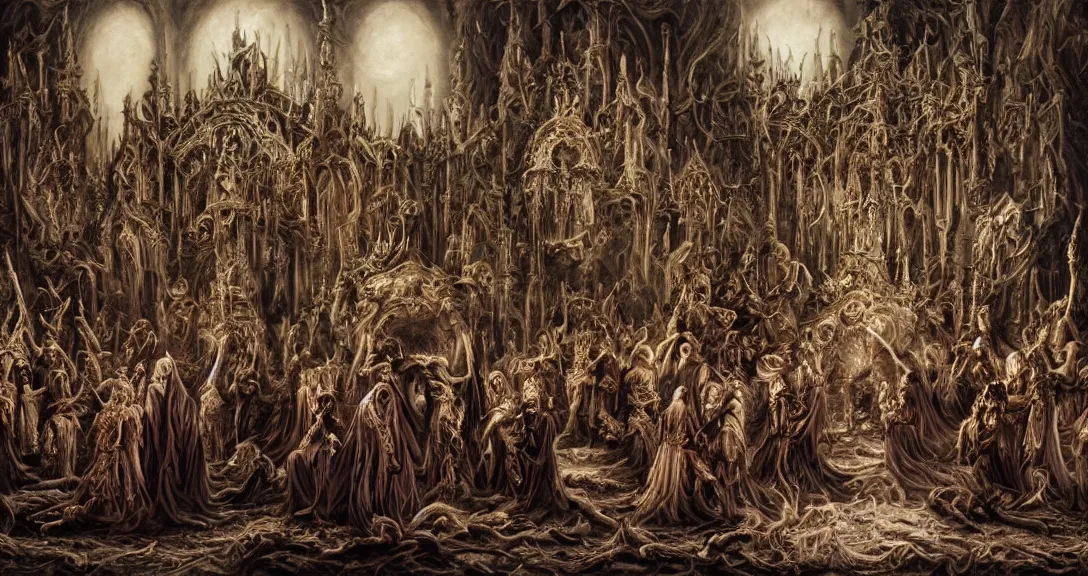 Prompt: photo of sacred blasphemous ritual of the undead, style of Peter Gric, lavish rococo baroque setting, fashion-photography, unholy ceremony, sacrilegious rite, evil, menacing, ominous, threatening, sinister, malevolent. Highly-detailed, photographic, cinematic, dramatic, establishing shot