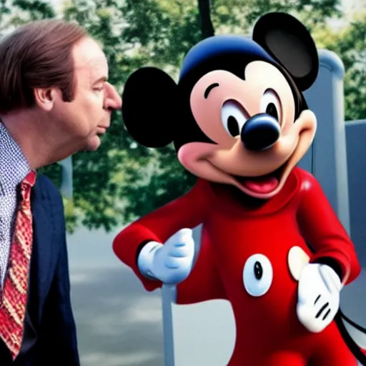 Image similar to Saul Goodman kissing Mickey Mouse