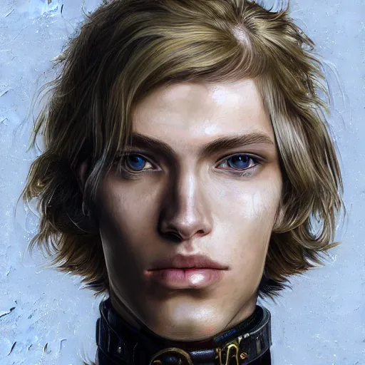 Image similar to portrait of a man by ayami kojima, norwegian, he is about 2 0 years old, blond short hair, tall and strong, older brother vibes, he is wearing a steampunk tactical gear, highly detailed portrait, digital painting, artstation, concept art, smooth, sharp foccus ilustration, artstation hq