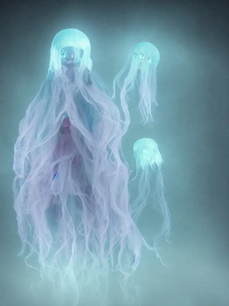 Image similar to cute fumo plush smiling ectoplasmic gothic jellyfish ghost girl waving in deep fog over mysterious waters, reflective river bank in the midst of a forgotten forest, glowing pink wisps of hazy green smoke and eerie blue volumetric fog swirling about, moonlight, glowing lens flare, black and white, refraction, vray