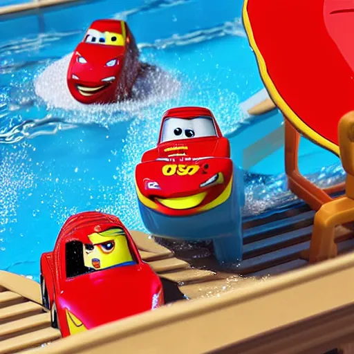 Image similar to lightning mcqueen in a swiming pool