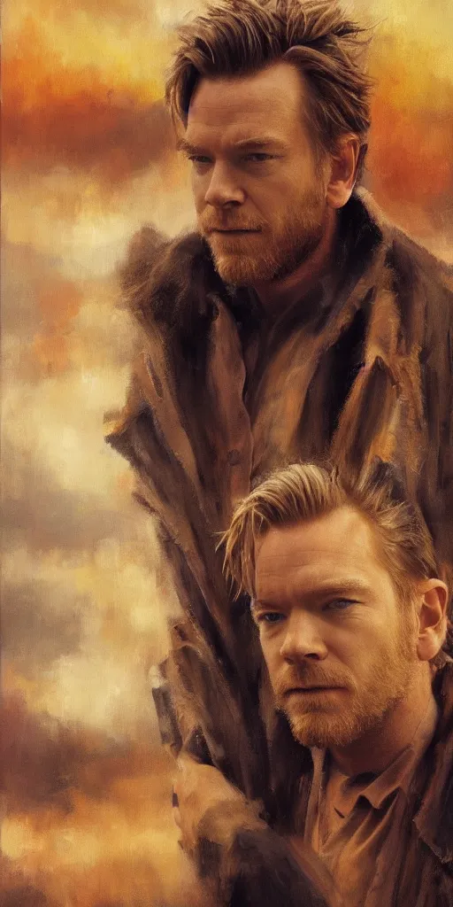 Prompt: we see ewan mcgregor from side. atmospheric feeling, warm colours, brown colours, yellow colours, epic scene, cinematic, very detailed, oil painting