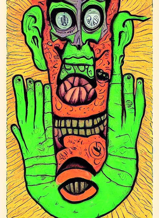 Prompt: a crazy alien art horror portrait, which has weird stretched out eyes and a misshapen mouth, green skin and orange background, art brut by a psycho man, full color crazy outsider outsider art