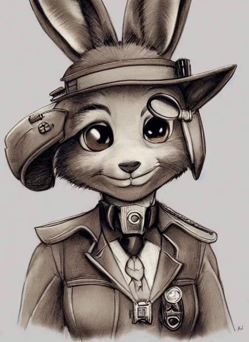 Image similar to cute rabbit wearing steampunk police suits, judy from zootopia, character, closeup headshot, sketch portrait by jean - baptiste monge