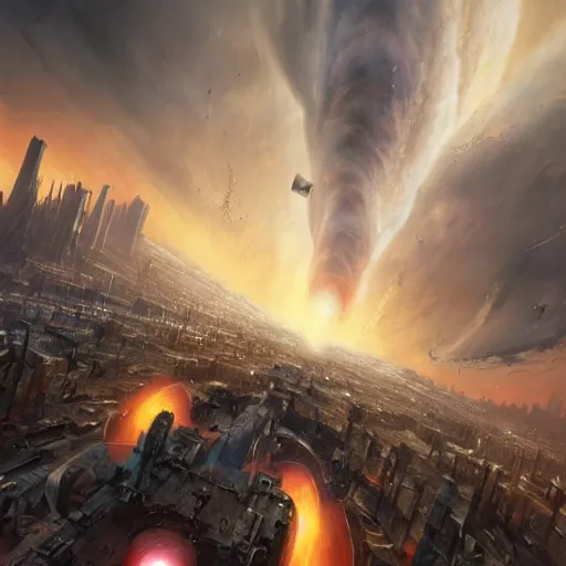 Prompt: movie still of a black hole destroying the city, large part of buildings are flying into the black hole, tornado, post apocalypse, epic art, highly detailed, art by tyler edlin, greg rutkowski 4 k