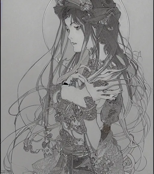 Image similar to alphonse mucha painting of anime woman, pen and ink, intricate line drawings, by craig mullins, ruan jia, kentaro miura, greg rutkowski, loundraw