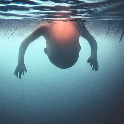 Image similar to submerged, monster waiting, only to see two black eyes staring back from the depths of the water, feet dangling over an unmeasurable depth, cinematic