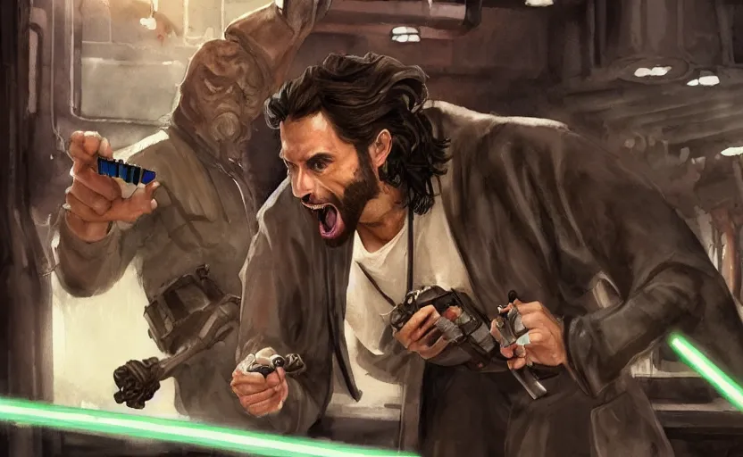 Image similar to an accurate realistic star wars watercolor fantasy concept art of a drug dealer that looks like chris d'elia yelling angrily in a sleazy futuristic bar of coruscant, hq, 4 k