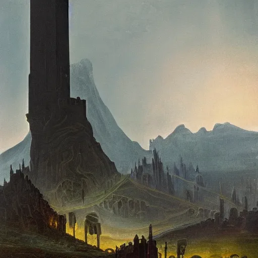 Image similar to minas morgul detailed oil on canvas in the style of Caspar david Friedrich,