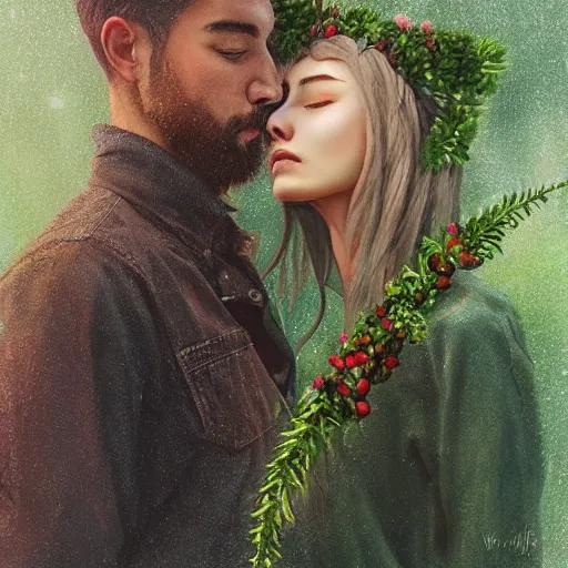 Image similar to a couple holding hands with plants growing out of their heads, growth of a couple, rainy day, atmospheric, bokeh matte masterpiece by artgerm by wlop by alphonse muhca