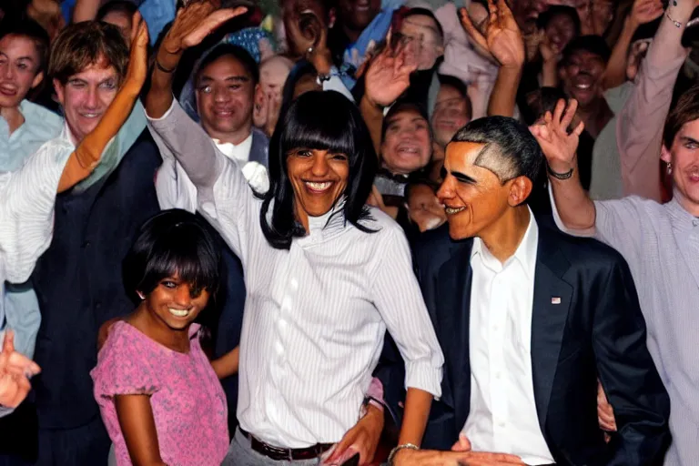 Prompt: barack obama with bangs dancing at the disco,