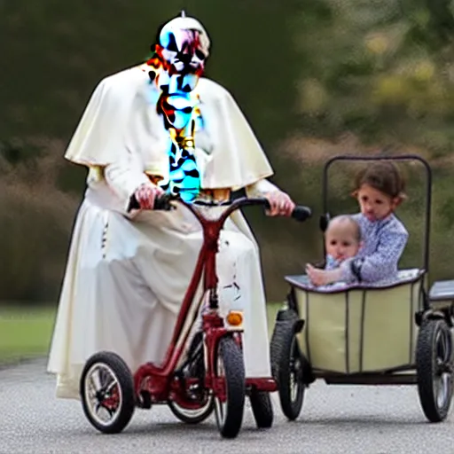 Image similar to the pope riding a childs tricycle