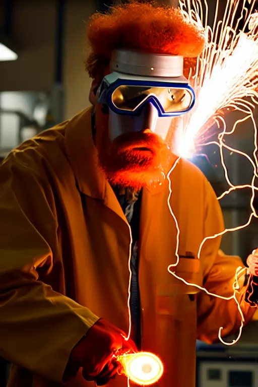 Image similar to an awkwardly tall scientist with 3 eyes and a tangled beard and unruly red hair atop his balding head wearing a labcoat and welding goggles and holding a beaker, high resolution film still, movie by Ivan Reitman