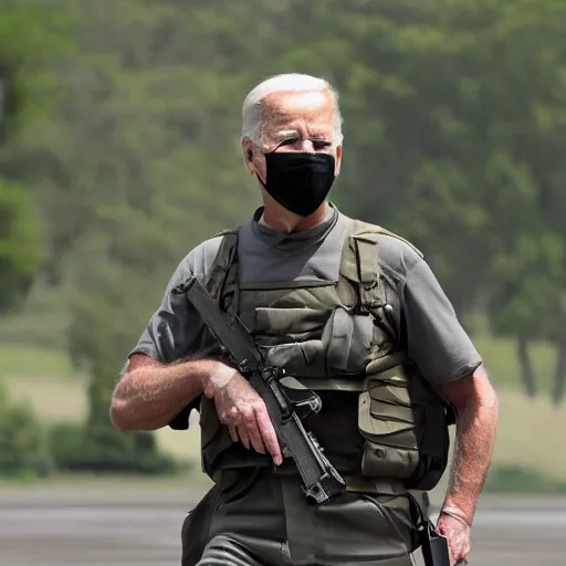 Prompt: Joe Biden carrying a M2 Browning machine gun, AP photography, full body shot, dynamic pose