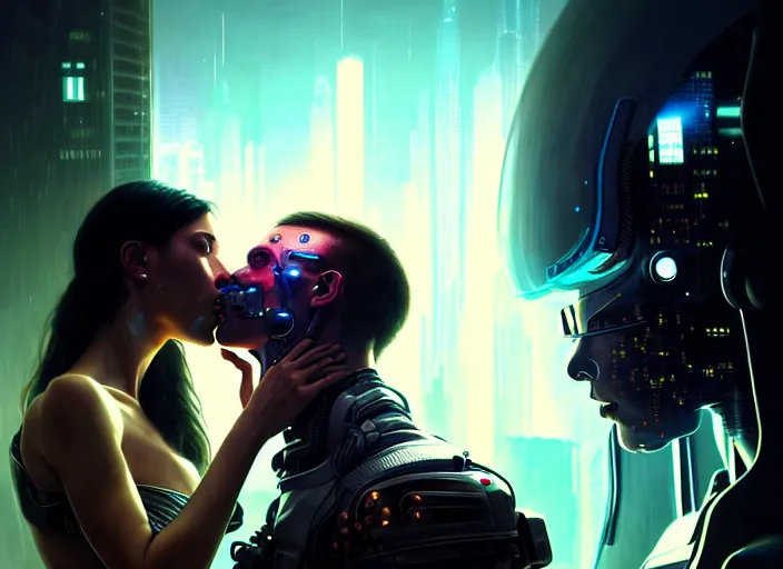 Image similar to cyberpunk, sci - fi, fantasyultra realistic medium shot of a couple of cyborgs kissing, lovers, artstation, soft light, volumetric lighting, night, intricate, highly detailed, digital painting, concept art, smooth, sharp focus, illustration, art by artgerm and greg rutkowski and alphonse mucha