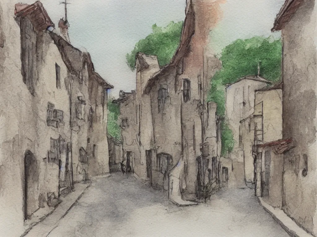 Image similar to a street in a old small village, pencil and watercolor