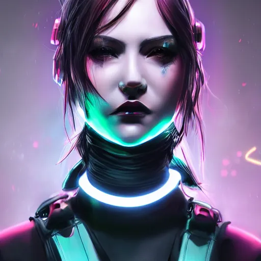 Image similar to headshot artwork of cyberpunk woman wearing thick black choker, collar on neck, realistic, artstation, neon,