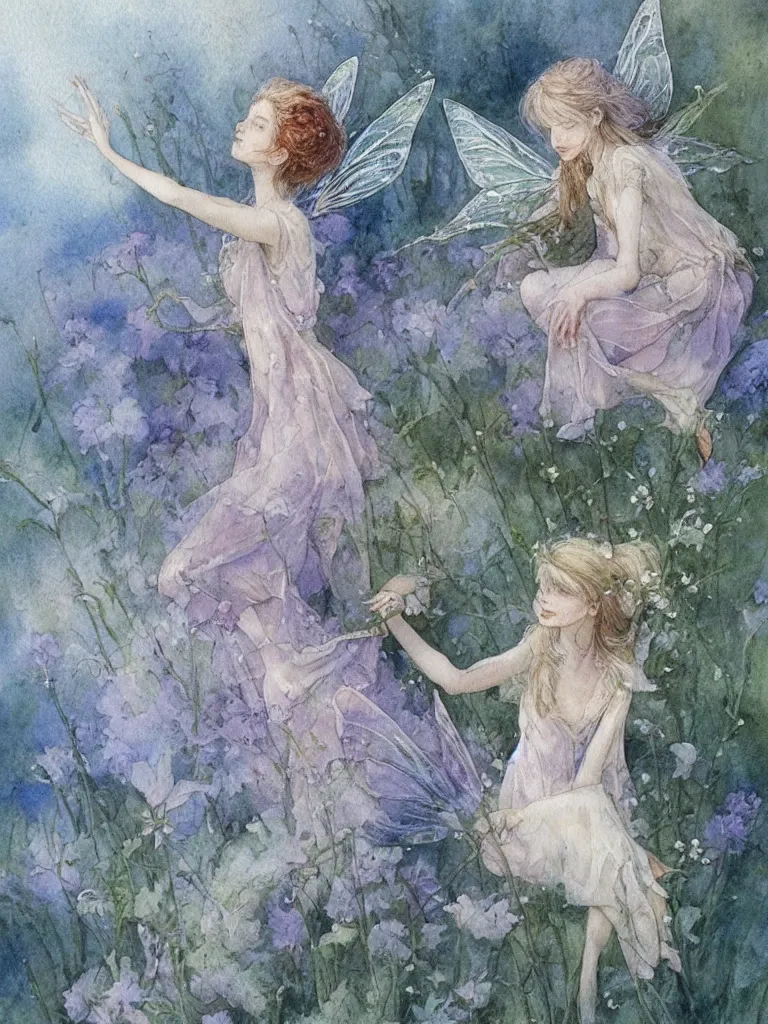 Prompt: study of a flower fairy, illustration, watercolor, alan lee, detailed, pretty, ethereal,
