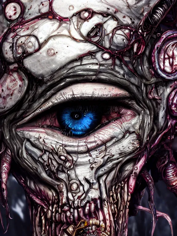 Prompt: photo of 8k ultra realistic undead eldritch horror, eye,decaying, cybernetic, full of colour, cinematic lighting, battered, trending on artstation, 4k, hyperrealistic, focused, extreme details,unreal engine 5, cinematic, masterpiece, art by ayami kojima, giger