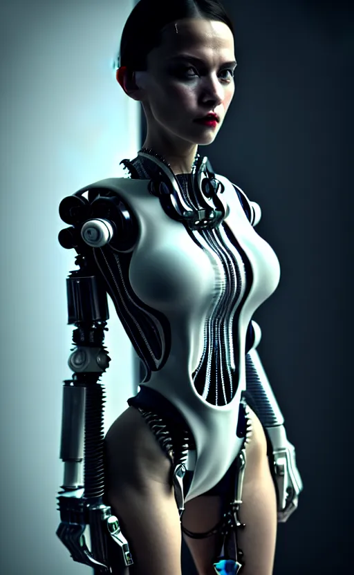 Prompt: intricate hyper detailed ultra sharp 3 d render of a beautiful smooth porcelain fascinating cyberpunk woman portrait, medium shot portrait, beautiful natural bright light, alexandre ferra mecha, haute couture, cyberpunk black shining armor, art nouveau, octane render, volumetric cinematic lighting, 8 k, vray tracing