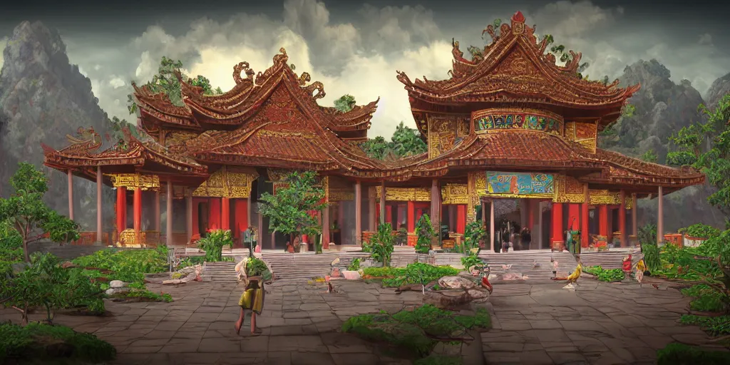 Image similar to vietnamese temple scene, side scroller, 2 d game art background, sharp, detailed, intricate, game level design, cinematic lighting, ultrarealistic, photorealistic, trending on artstation, in the style of vinodh sivaraja