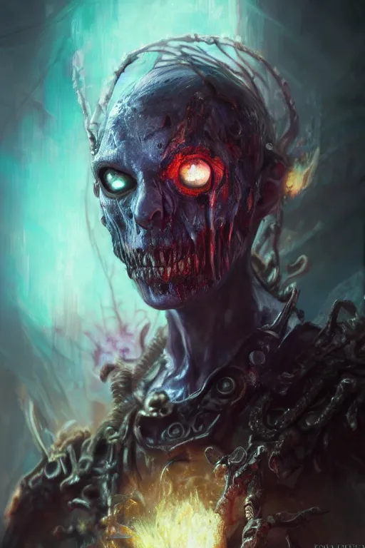 Image similar to face closeup covered of a ghoul necromancer, damned soul, hellfire, diamonds, jewels, 3 d render, hyper - realistic detailed portrait, holding fire and electricity rainbow, ruan jia, wlop. scifi, fantasy, magic the gathering, hyper detailed, concept art, peter mohrbacher