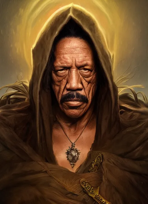 Image similar to Portrait of Danny Trejo, cloak, male, fantasy, extremely detailed, digital painting, artstation, concept art, smooth, sharp focus, illustration, stunning lighting, art by artgerm and greg rutkowski and alphonse mucha and simon stalenhag, realistic character concept, high fantasy, dark atmosphere, golden ratio, cinematic lighting, hyperdetailed, high resolution, insanely detailed and intricate, artstation, Marc Simonetti, Greg Rutkowski, 8k