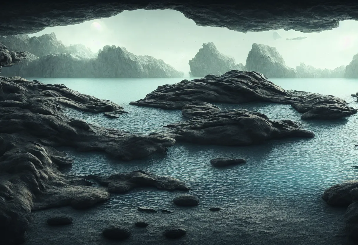 Image similar to inside of alien lake landscape of human mind and imagination, big rocks and pebbles, matte painting, beautiful render, octane render, concept art