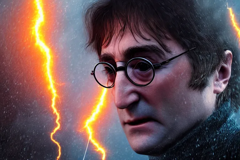 Image similar to an ultra realistic, cinematic, headshot portrait, of john lennon as harry potter, fire, facial features, background of a lava river, with rain and lightning, detailed, deep focus, movie still, dramatic lighting, ray tracing, by michal karcz and yoshitaka amano