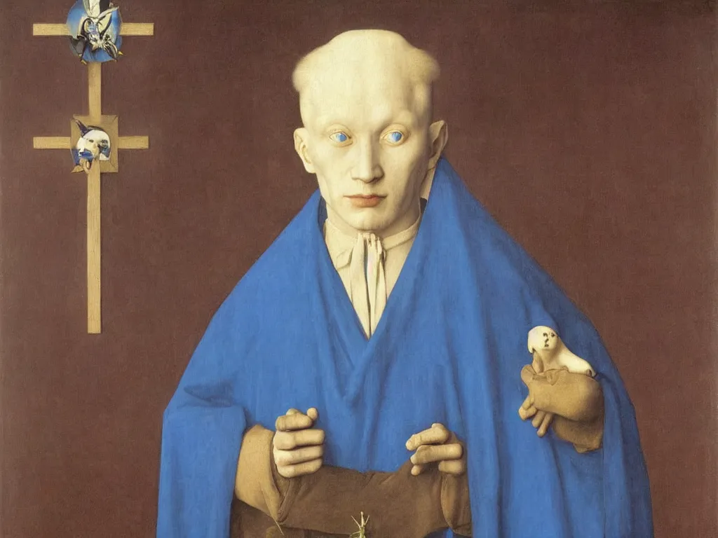 Image similar to Portrait of albino mystic with blue eyes, with cross. Painting by Jan van Eyck, Audubon, Rene Magritte, Agnes Pelton, Max Ernst, Walton Ford