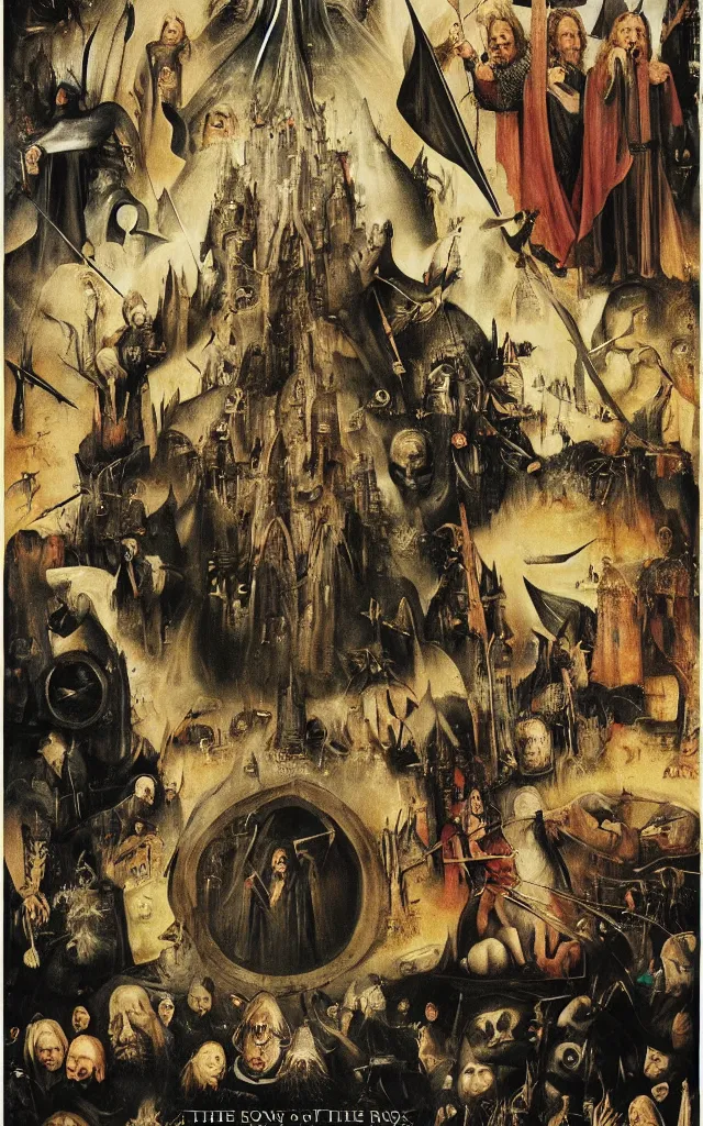 Prompt: the lord of the rings movie poster by hieronymus bosch, delights,