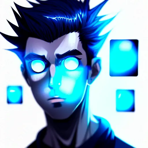 Image similar to a highly detailed portrait of a man with navy blue hair and blue glowing eyes, blue transparent cubes in backround, high detail clothing, concept art, anime, artstation, professional drawing