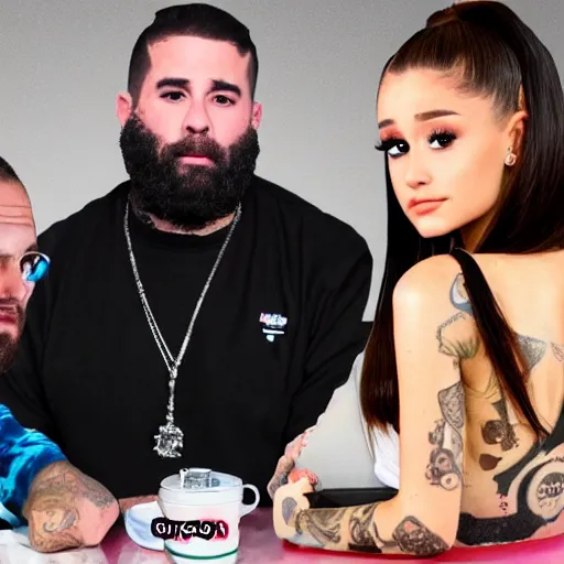 Prompt: ariana grande on the no jumper podcast, sitting down, no jumper podcast, realistic, adam 22, ariana grande sitting down with adam 22