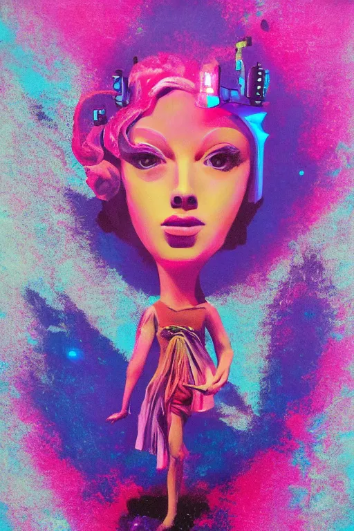 Image similar to zorbeez fairy,painted by Danny Flynn and Kevin Wasden,trending on artstation, simple lighting camera view from above,Eraserhead ,vaporwave ,60s kitsch and psychedelia ,oil and canvas ,Blade Runner 2049 ,